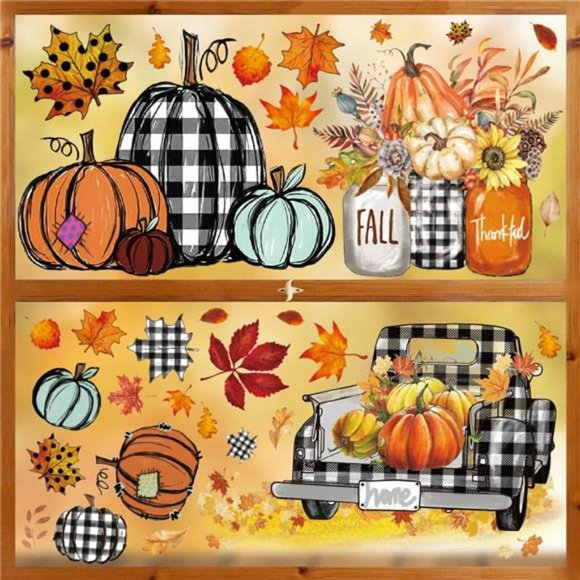 108 PCS Fall Window Cling Sticker, Thanksgiving Autumn Harvest Colorful Pumpkin - Picture 3 of 6